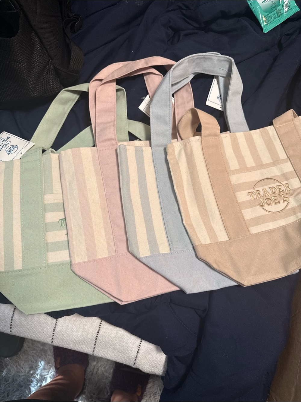 Trader Joe's Canvas Stripe Tote — Pastel Multi (Beige, Pink, Blue, Green) 4 bags